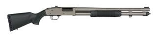 Pump action 12 gauge shotgun with Tungsten Cerakote finish.